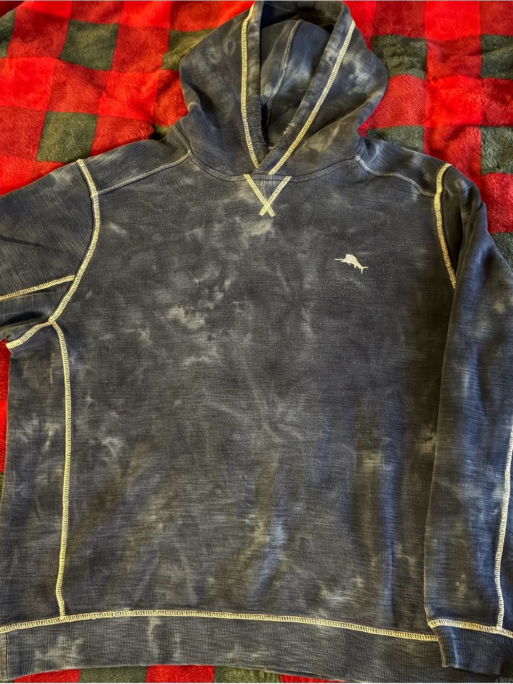Tommy Bahama Slub Knit, Navy Hooded Pullover with Cream Contrast Stitching